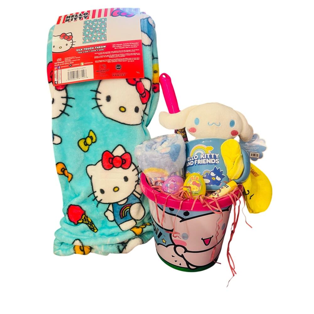 Hello kitty Cinnamoroll Sand Pail two 40by50 throws Hello Happy Bounce and Roll